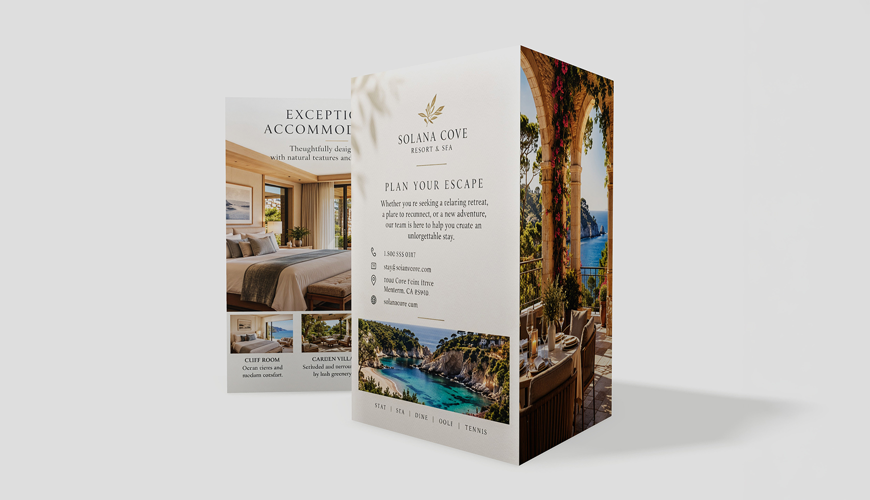 4-panel roll fold mockup of a resort brochure